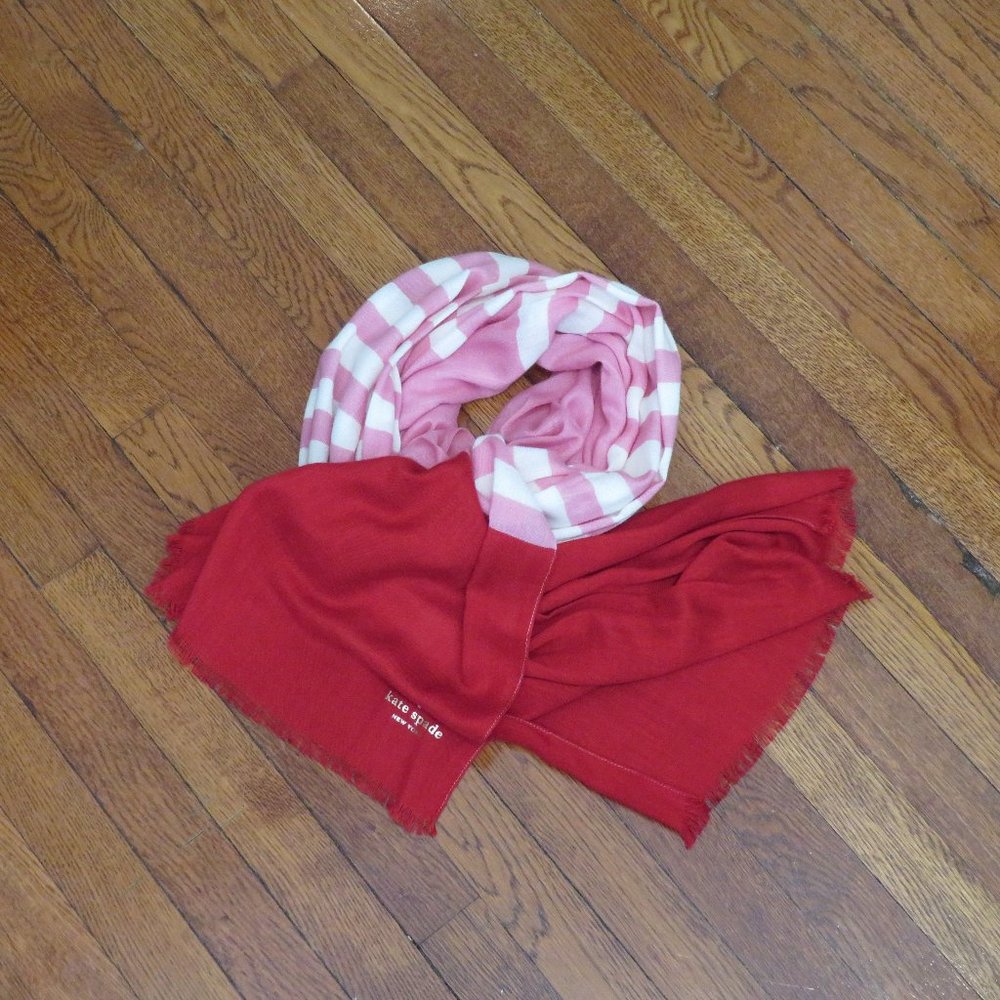 Colorblock Kate Spade Scarf | Pink & White Strips | Fringed Red Ends